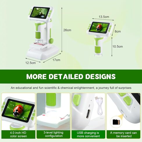 1600X Digital Microscope for Kids, Upgraded Portable Microscope with 4.0 inch HD Screen, 2-in-1 Desktop Handheld Miniscope Rechargeable Student Education Science Microscopes Gift for Kids in Saudi Arabia