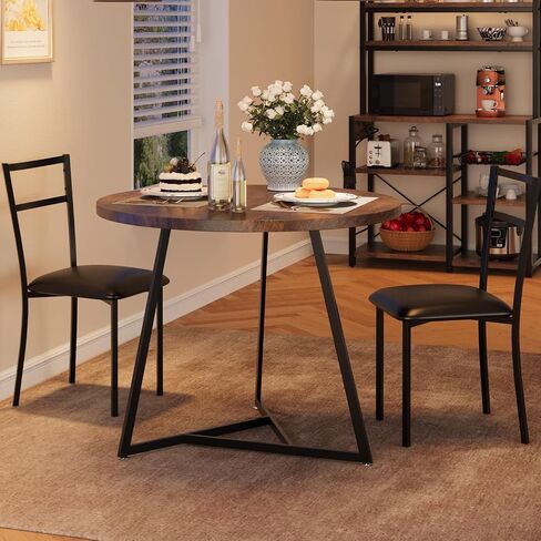 2 Person Compact Dining Set, Round Kitchen Table Upholstered Chairs with Steel Frame Space Saving 3 Piece Set for Small Spaces, Apartments, Studios, Ergonomic Chairs in Kuwait