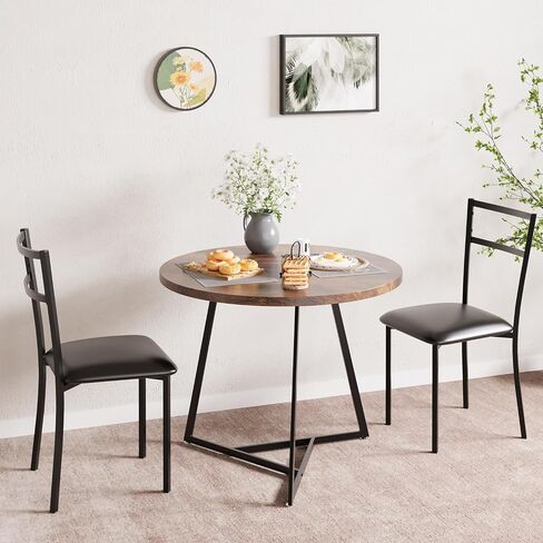 2 Person Compact Dining Set, Round Kitchen Table Upholstered Chairs with Steel Frame Space Saving 3 Piece Set for Small Spaces, Apartments, Studios, Ergonomic Chairs in Kuwait