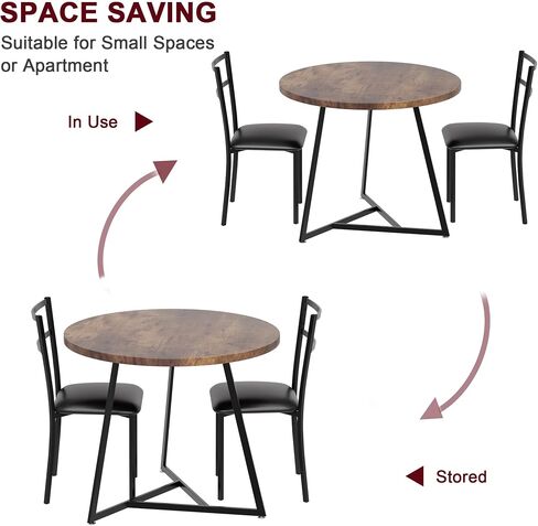 2 Person Compact Dining Set, Round Kitchen Table Upholstered Chairs with Steel Frame Space Saving 3 Piece Set for Small Spaces, Apartments, Studios, Ergonomic Chairs in Kuwait