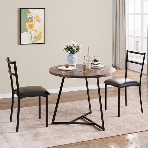 2 Person Compact Dining Set, Round Kitchen Table Upholstered Chairs with Steel Frame Space Saving 3 Piece Set for Small Spaces, Apartments, Studios, Ergonomic Chairs in Kuwait
