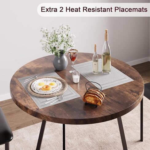 2 Person Compact Dining Set, Round Kitchen Table Upholstered Chairs with Steel Frame Space Saving 3 Piece Set for Small Spaces, Apartments, Studios, Ergonomic Chairs in Kuwait
