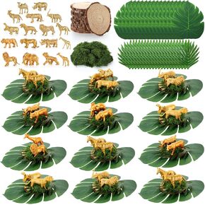 85 Pcs Jungle Party Decorations Set Includes 24 Safari Animals 48 Tropical Palm Leaves 12 Wood Slices 1 Artificial Moss Table Centerpieces for Wedding Hawaiian Luau Jungle Safari in Kuwait