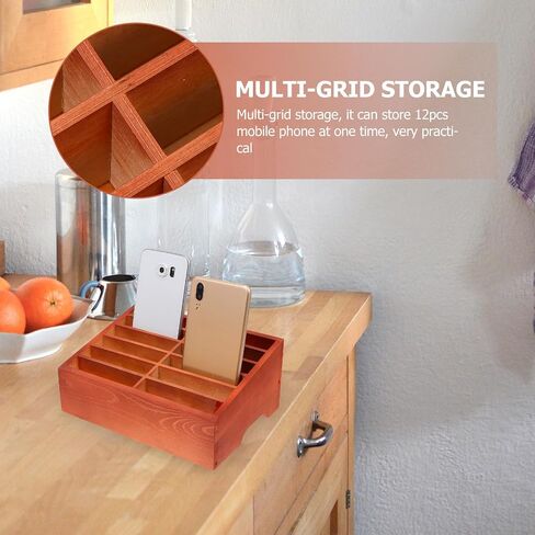 12 Grids Wooden Cell Phone Holder, Wood Phone Stand Desktop Organizer Box Mobile Storage Sorting Tray for Office Home School Classroom Desk Calculator in Saudi Arabia