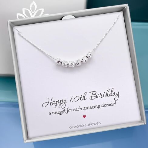 60th Birthday Gift Necklace for Women, Sterling Silver 6 Silver Nuggets Necklace, Mom Grandmother Birthday Gift, Best Friend 60th Birthday Gift Necklace (18 inches plus 2-inch extender) in Saudi Arabia