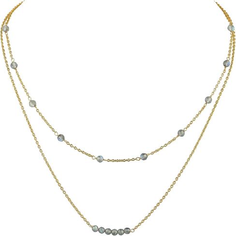 Labradorite Beads 2-Layer Gemstone Choker Necklace – 14K Gold Plated Dainty Stackable Choker for Women – Elegant Layered Paperclip Chain Jewelry Gift for Her (Labradorite) in Saudi Arabia