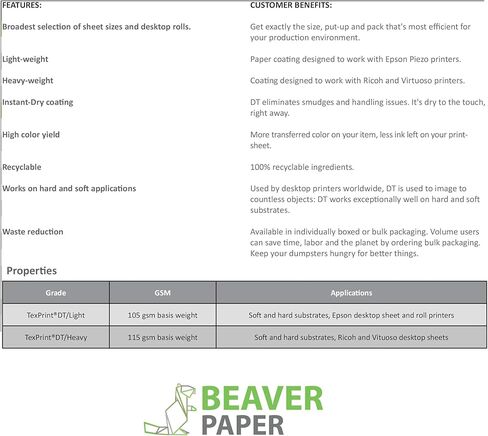 BEAVER TEXPRINT DT LIGHT-replaces XP- ورقة تسامي عالية الإصدار من أجل نقل صبغة EPSON ، ورقة نقل الطباعة المعتمدة من Sawgrass ، حزمة 110 ورقة (8.5 "× 14" ، بوصة) in Saudi Arabia