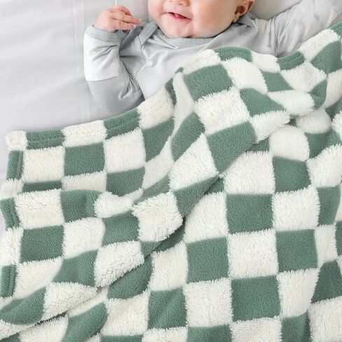 HOMRITAR Checkered Baby Blanket for Boys Sage Green Soft Fluffy Fuzzy Blankets with 3D Chessboard Grid, Warmer Comfort Reversible Lightweight Bed Blanket for Toddlers Infant or Newborn 30 x 40 Inch in Saudi Arabia