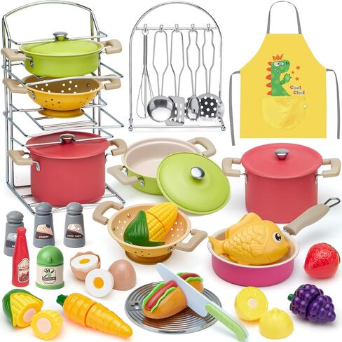 Golray Play Kitchen Accessories ، Kids Kids Kitchen Playet Plarends Cooksains بما في ذلك الأواني والمقالي ، أواني الطهي ، والمنظم ، والتوابل ، والآبار والقفازات ، وهدايا أعياد الميلاد للبنات الصغار الصغار in Kuwait