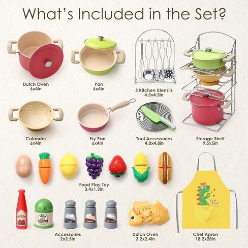 Golray Play Kitchen Accessories ، Kids Kids Kitchen Playet Plarends Cooksains بما في ذلك الأواني والمقالي ، أواني الطهي ، والمنظم ، والتوابل ، والآبار والقفازات ، وهدايا أعياد الميلاد للبنات الصغار الصغار in Kuwait