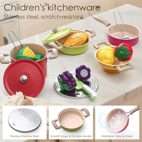 Golray Play Kitchen Accessories ، Kids Kids Kitchen Playet Plarends Cooksains بما في ذلك الأواني والمقالي ، أواني الطهي ، والمنظم ، والتوابل ، والآبار والقفازات ، وهدايا أعياد الميلاد للبنات الصغار الصغار in Kuwait