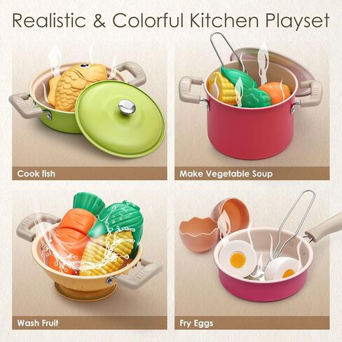 Golray Play Kitchen Accessories ، Kids Kids Kitchen Playet Plarends Cooksains بما في ذلك الأواني والمقالي ، أواني الطهي ، والمنظم ، والتوابل ، والآبار والقفازات ، وهدايا أعياد الميلاد للبنات الصغار الصغار in Kuwait