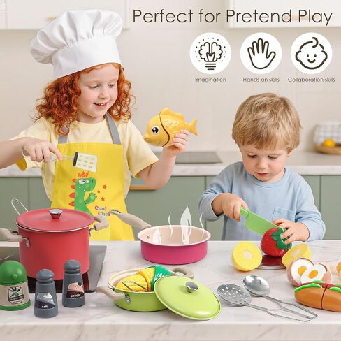 Golray Play Kitchen Accessories ، Kids Kids Kitchen Playet Plarends Cooksains بما في ذلك الأواني والمقالي ، أواني الطهي ، والمنظم ، والتوابل ، والآبار والقفازات ، وهدايا أعياد الميلاد للبنات الصغار الصغار in Kuwait