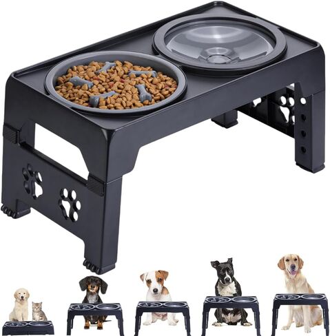 LALOBLUE Elevated Dog Bowls, Raised Slow Feeder Dog Bowls with No Spill Water Bowl, Dog Bowl Stand Adjusts to 5 Heights 2.95", 8.46", 9.65", 10.82", 12.01" for Small Medium Large Dogs and Pets, Black in Kuwait