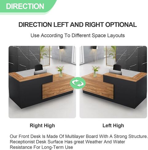L Shaped Reception Desk with Lockable Drawer and Cable Grommets Front Desk Retail Checkout Counter Table for Salon Lobby Shop Office Reception Room Wood and Black Right 63inch/160cm in Saudi Arabia