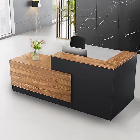 L Shaped Reception Desk with Lockable Drawer and Cable Grommets Front Desk Retail Checkout Counter Table for Salon Lobby Shop Office Reception Room Wood and Black Right 63inch/160cm in Saudi Arabia