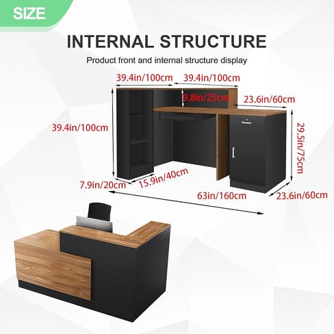 L Shaped Reception Desk with Lockable Drawer and Cable Grommets Front Desk Retail Checkout Counter Table for Salon Lobby Shop Office Reception Room Wood and Black Right 63inch/160cm in Saudi Arabia