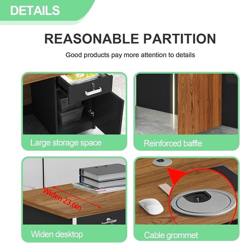 L Shaped Reception Desk with Lockable Drawer and Cable Grommets Front Desk Retail Checkout Counter Table for Salon Lobby Shop Office Reception Room Wood and Black Right 63inch/160cm in Saudi Arabia