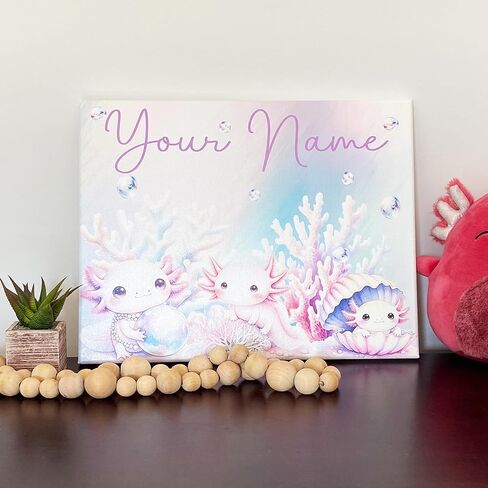 Custom Axolotl Canvas Sign for Kids' Rooms - Available in 14" x 11" and 20" x 16" Sizes | Light or Dark Canvas Available | Made In USA | Parent Listing (14x11 inch, Pink Axolotls) in Saudi Arabia