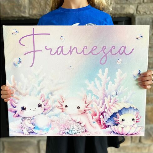 Custom Axolotl Canvas Sign for Kids' Rooms - Available in 14" x 11" and 20" x 16" Sizes | Light or Dark Canvas Available | Made In USA | Parent Listing (14x11 inch, Pink Axolotls) in Saudi Arabia