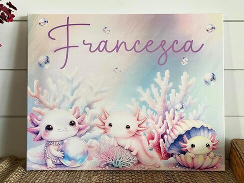 Custom Axolotl Canvas Sign for Kids' Rooms - Available in 14" x 11" and 20" x 16" Sizes | Light or Dark Canvas Available | Made In USA | Parent Listing (14x11 inch, Pink Axolotls) in Saudi Arabia