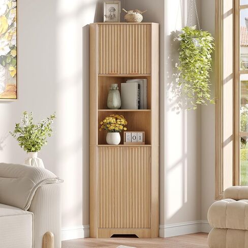 Fameill Tall Corner Cabinet with 2 Doors and 2 Open Storage Shelves, 68" Corner Storage Cabinet with Fluted Door Design, Home Space Saver for Living Room, Bathroom, Kitchen, Laundry, Natural Oak Color in Saudi Arabia