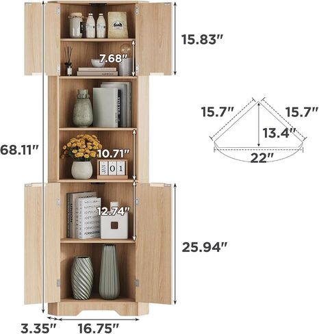 Fameill Tall Corner Cabinet with 2 Doors and 2 Open Storage Shelves, 68" Corner Storage Cabinet with Fluted Door Design, Home Space Saver for Living Room, Bathroom, Kitchen, Laundry, Natural Oak Color in Saudi Arabia