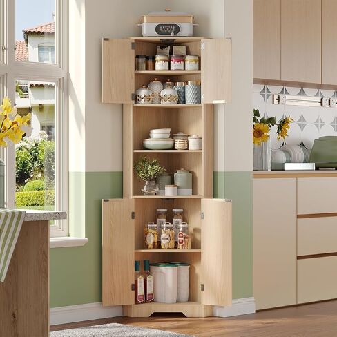 Fameill Tall Corner Cabinet with 2 Doors and 2 Open Storage Shelves, 68" Corner Storage Cabinet with Fluted Door Design, Home Space Saver for Living Room, Bathroom, Kitchen, Laundry, Natural Oak Color in Saudi Arabia