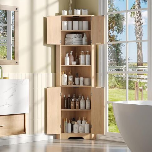 Fameill Tall Corner Cabinet with 2 Doors and 2 Open Storage Shelves, 68" Corner Storage Cabinet with Fluted Door Design, Home Space Saver for Living Room, Bathroom, Kitchen, Laundry, Natural Oak Color in Saudi Arabia
