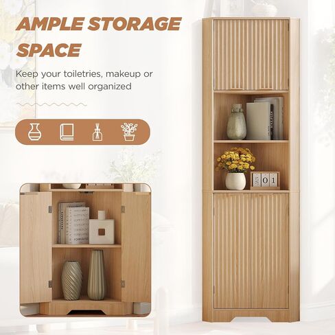 Fameill Tall Corner Cabinet with 2 Doors and 2 Open Storage Shelves, 68" Corner Storage Cabinet with Fluted Door Design, Home Space Saver for Living Room, Bathroom, Kitchen, Laundry, Natural Oak Color in Saudi Arabia