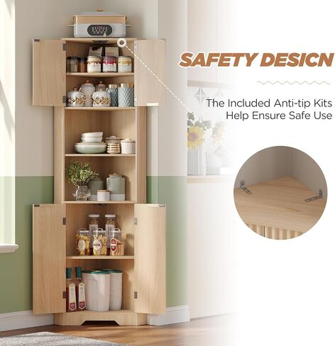 Fameill Tall Corner Cabinet with 2 Doors and 2 Open Storage Shelves, 68" Corner Storage Cabinet with Fluted Door Design, Home Space Saver for Living Room, Bathroom, Kitchen, Laundry, Natural Oak Color in Saudi Arabia