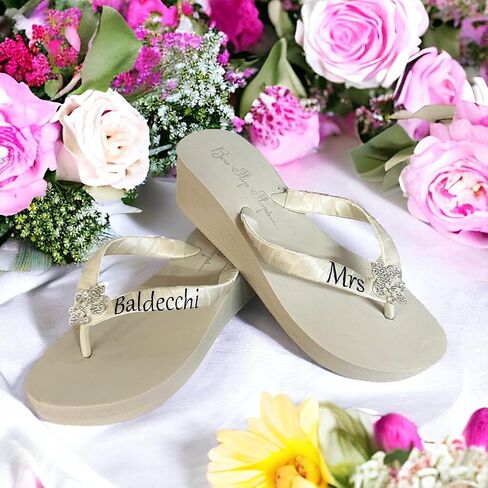 Infinity Rhinestone Wedding Flip Flops, Mrs Personlized Name, Silver Black & White, Bridal Sandals, Ivory in Saudi Arabia