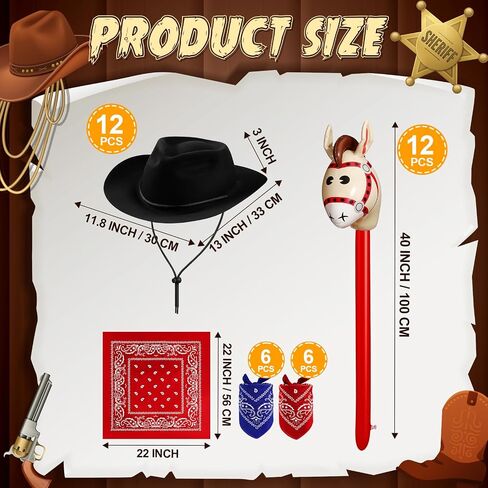 Xtinmee 36 Pcs Cowboy Party Costume Set, Cowboy Hats Paisley Bandanas Inflatable Stick Horses Kids Halloween Party Supplies in Saudi Arabia