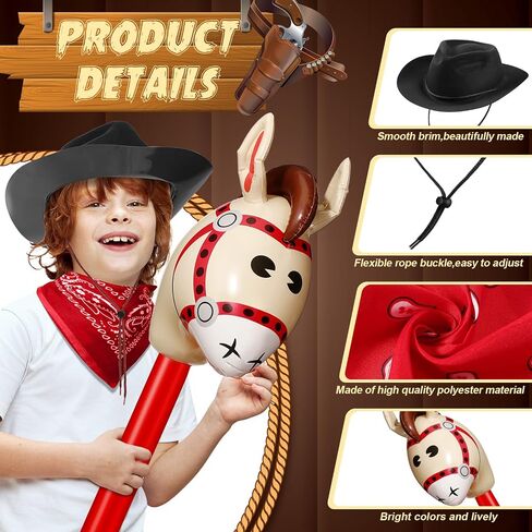 Xtinmee 36 Pcs Cowboy Party Costume Set, Cowboy Hats Paisley Bandanas Inflatable Stick Horses Kids Halloween Party Supplies in Saudi Arabia