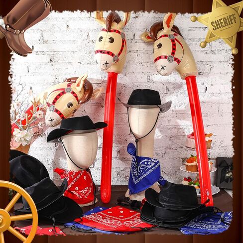 Xtinmee 36 Pcs Cowboy Party Costume Set, Cowboy Hats Paisley Bandanas Inflatable Stick Horses Kids Halloween Party Supplies in Saudi Arabia