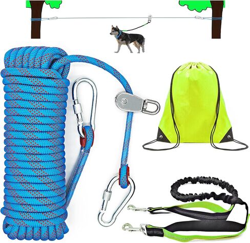 Dog Tie Out Cable for Camping, Dog Trolley System and 4ft Bungee Leash for Dogs Up to 400lbs, Suitable for Camping, Yard and Outdoor Events (Blue25, 50Ft) in Saudi Arabia