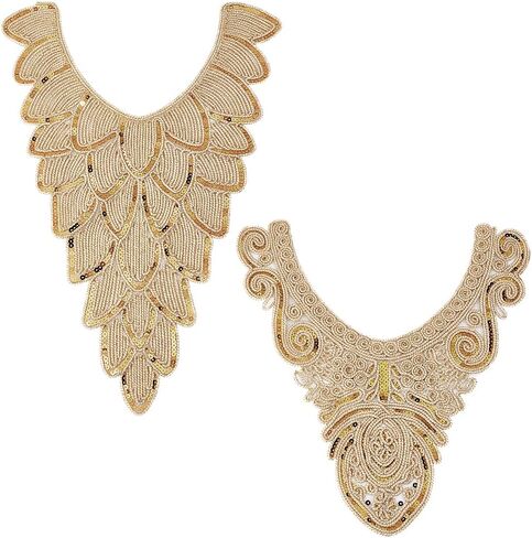 FINGERINSPIRE 2 pcs Gold Collar Applique 2 Style Sequin Floral Embroidered Applique Trim V-Neck Ethnic Style Collar Sew on Patches Neckline Collar Sewing Accessories for DIY Wedding Dress, Cloth in Saudi Arabia