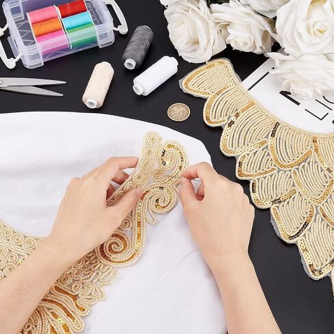 FINGERINSPIRE 2 pcs Gold Collar Applique 2 Style Sequin Floral Embroidered Applique Trim V-Neck Ethnic Style Collar Sew on Patches Neckline Collar Sewing Accessories for DIY Wedding Dress, Cloth in Saudi Arabia