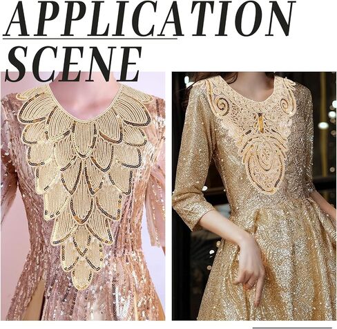 FINGERINSPIRE 2 pcs Gold Collar Applique 2 Style Sequin Floral Embroidered Applique Trim V-Neck Ethnic Style Collar Sew on Patches Neckline Collar Sewing Accessories for DIY Wedding Dress, Cloth in Saudi Arabia