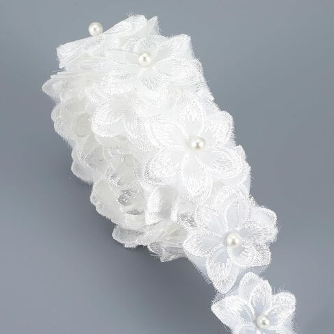 3 Yards 3D Pearl Beads Embroidered Applique, Organza Flower Lace Trim Ribbon Floral Applique Embroidered Lace Fabric for Wedding Dress Embellishment DIY Sewing Crafts Home Decor White in Saudi Arabia