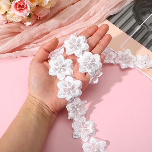 3 Yards 3D Pearl Beads Embroidered Applique, Organza Flower Lace Trim Ribbon Floral Applique Embroidered Lace Fabric for Wedding Dress Embellishment DIY Sewing Crafts Home Decor White in Saudi Arabia
