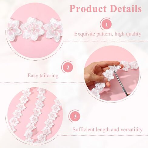 3 Yards 3D Pearl Beads Embroidered Applique, Organza Flower Lace Trim Ribbon Floral Applique Embroidered Lace Fabric for Wedding Dress Embellishment DIY Sewing Crafts Home Decor White in Saudi Arabia