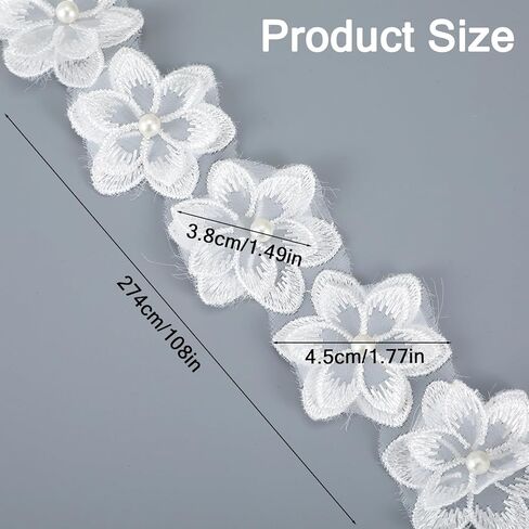 3 Yards 3D Pearl Beads Embroidered Applique, Organza Flower Lace Trim Ribbon Floral Applique Embroidered Lace Fabric for Wedding Dress Embellishment DIY Sewing Crafts Home Decor White in Saudi Arabia