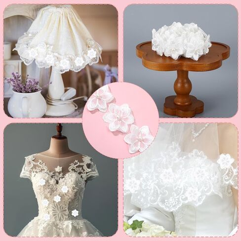 3 Yards 3D Pearl Beads Embroidered Applique, Organza Flower Lace Trim Ribbon Floral Applique Embroidered Lace Fabric for Wedding Dress Embellishment DIY Sewing Crafts Home Decor White in Saudi Arabia