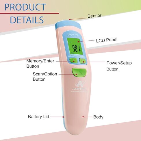 Amplim No Touch Forehead Thermometer | Non Contact Baby Thermometer | Essentials for Adults, Kids, Toddlers, Infants | Accurate Touchless Temporal Thermometer with Storage Case - Blue in Kuwait