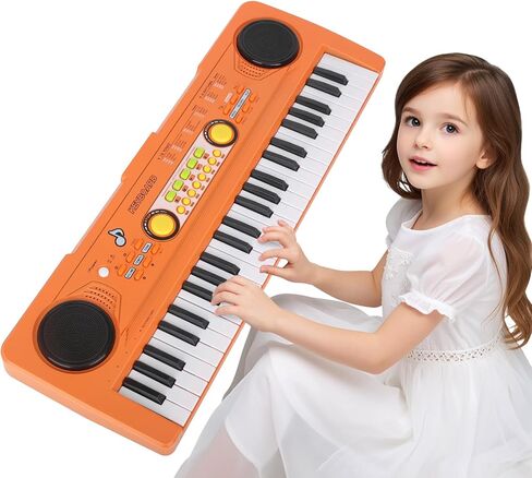 Kids Piano Keyboard Toy with Mic – 49 Keys Portable Electronic Piano for 3 4 5 6 7 Girls Boys Beginners Birthday Xmas Gifts, Orange in Kuwait