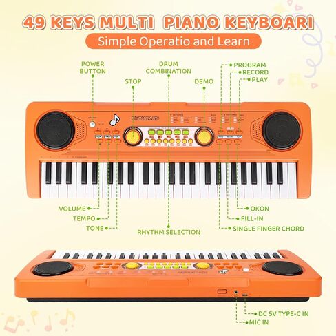 Kids Piano Keyboard Toy with Mic – 49 Keys Portable Electronic Piano for 3 4 5 6 7 Girls Boys Beginners Birthday Xmas Gifts, Orange in Kuwait