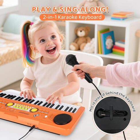 Kids Piano Keyboard Toy with Mic – 49 Keys Portable Electronic Piano for 3 4 5 6 7 Girls Boys Beginners Birthday Xmas Gifts, Orange in Kuwait