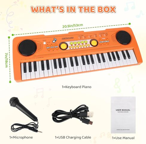 Kids Piano Keyboard Toy with Mic – 49 Keys Portable Electronic Piano for 3 4 5 6 7 Girls Boys Beginners Birthday Xmas Gifts, Orange in Kuwait