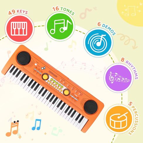 Kids Piano Keyboard Toy with Mic – 49 Keys Portable Electronic Piano for 3 4 5 6 7 Girls Boys Beginners Birthday Xmas Gifts, Orange in Kuwait